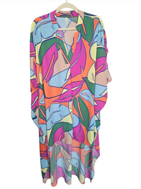 Tyche Tropical Paradise High-Low Caftan Dress Vibrant Floral Size Large Like New